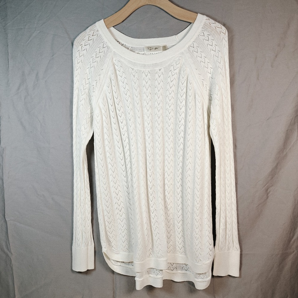 RD Style Ivory Open Knit Chevron‎ Pattern Long Sleeve Sweater Lightweight XXL